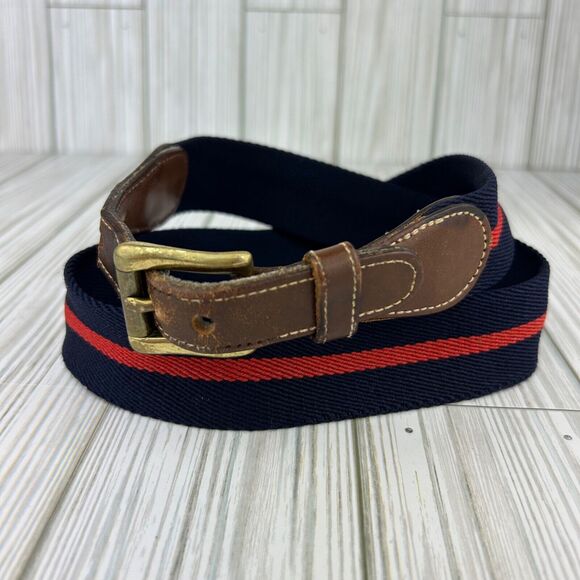 Dooney & Bourke Accessories - Vintage 90s Dooney & Bourke Wool Surcingle Blue Red Stripe Belt Brass Leather 30